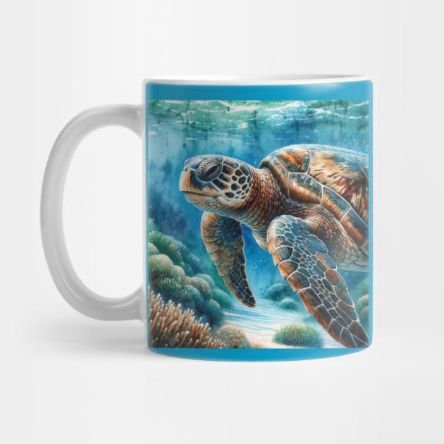 Ocean Wanderer: Majestic Loggerhead Sea Turtle Watercolor by Aquarelle Impressions